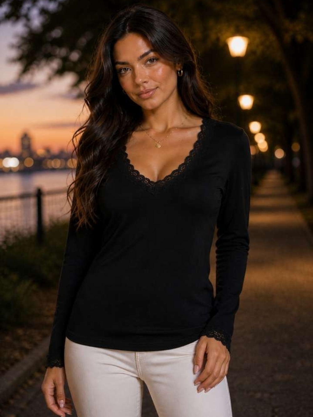 Black Lace Trim V-Neck Long Sleeve Top
